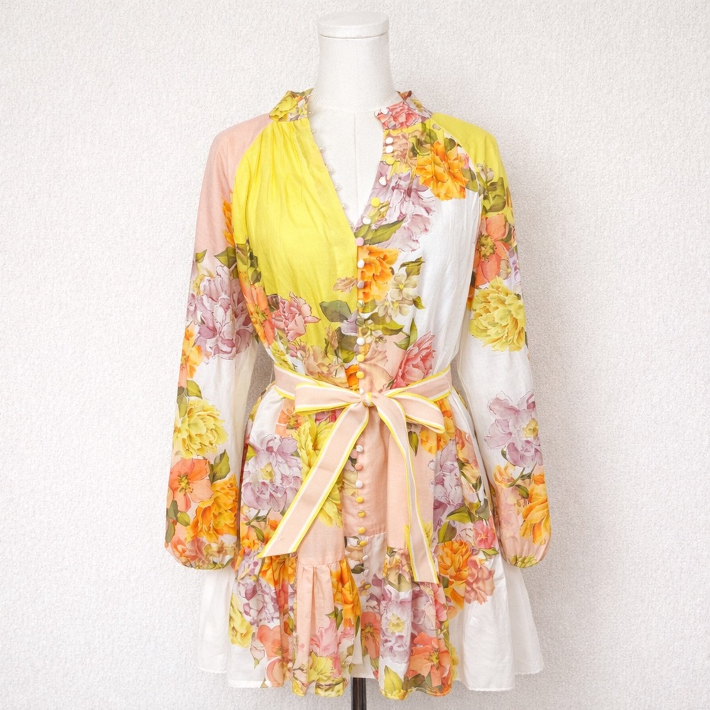 ANTONIO MELANI Brynn Floral Mock Neck Button Front Tie Waist Dress | Size 10 - Picture 2 of 5